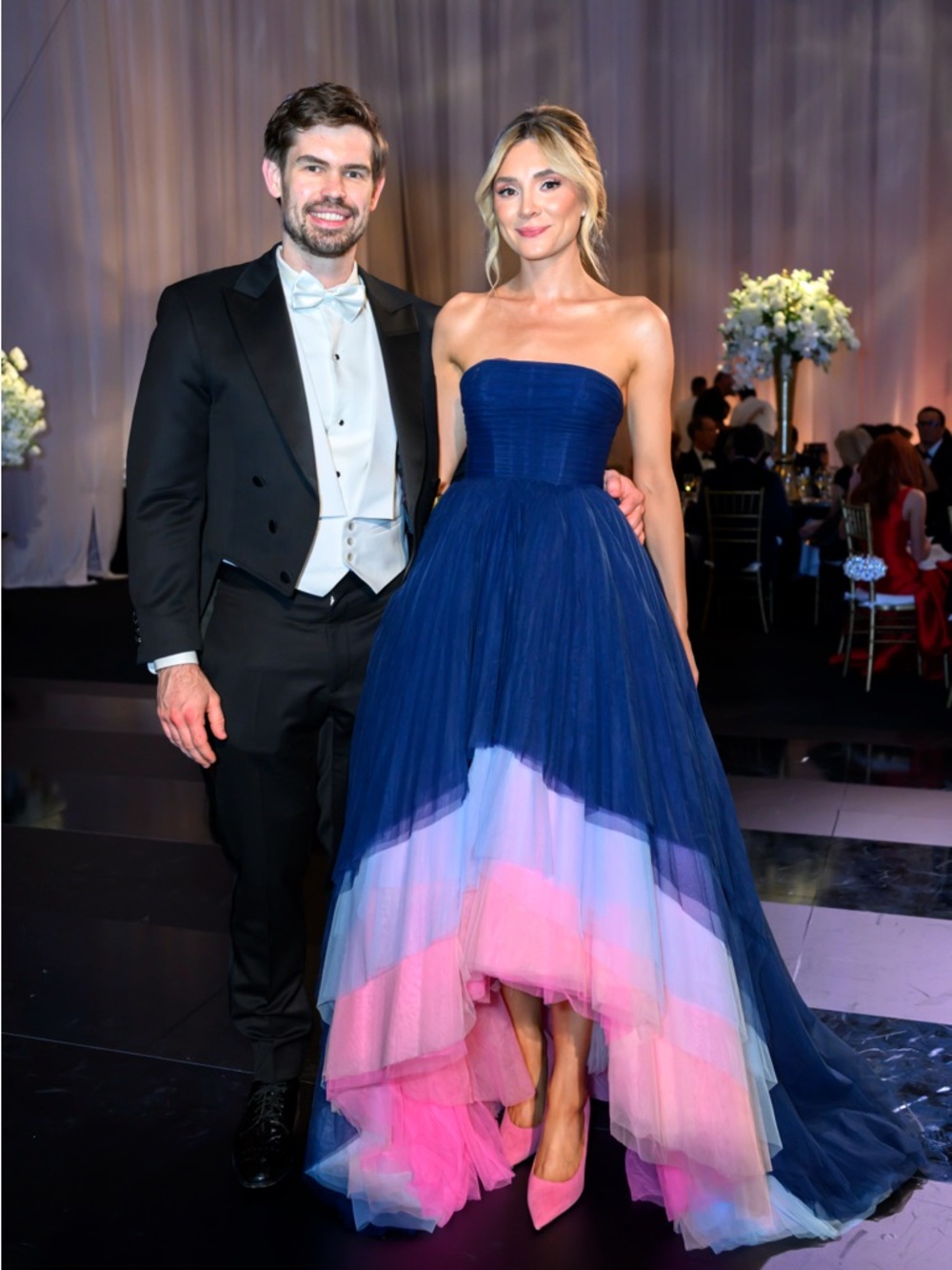 Strapless Ombre Tulle Ball Gown in Navy, Light Blue & Pink